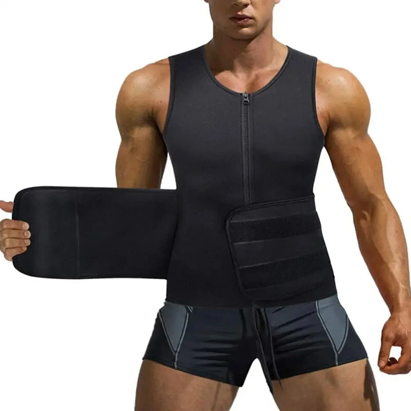(image for) Men Body Shaper Sweat Suit Double Belt Waist Trainer Abdomen Slimming Sweat Vest Fat Burner Shapewear Tank Tops Fitness Belt